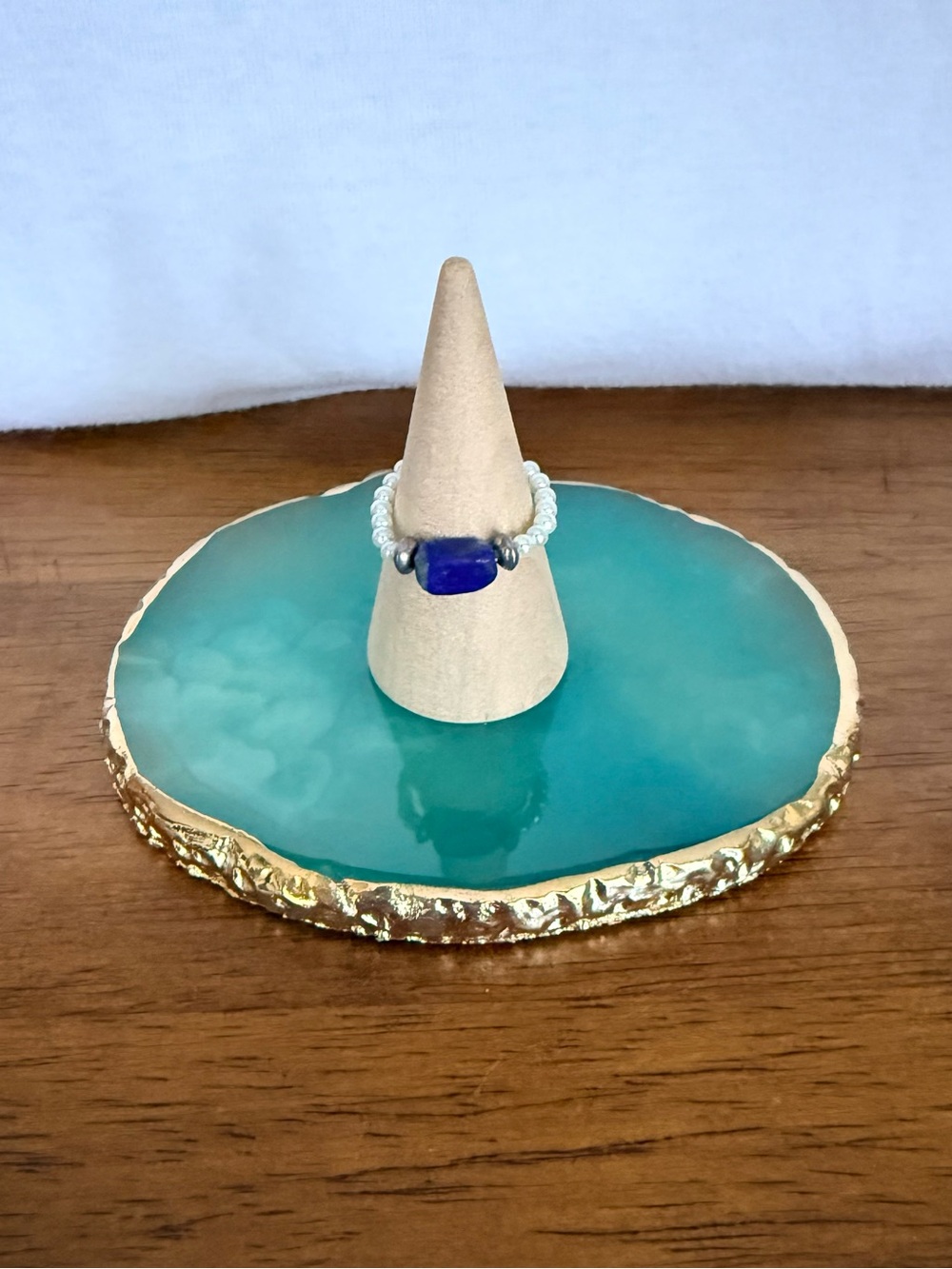 1 for $6 or 3 for $14! Add to Bundle! Blue lapis and faux pearl stretch ring